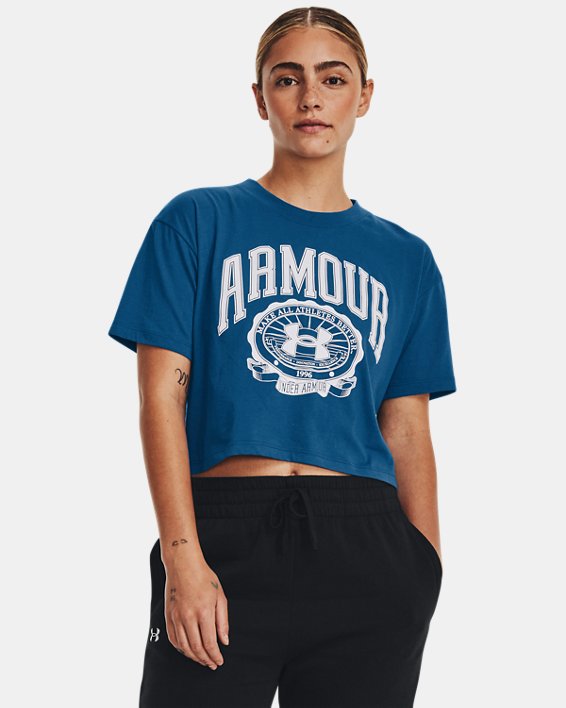 女士UA Collegiate Crop短袖T恤 in Blue image number 0